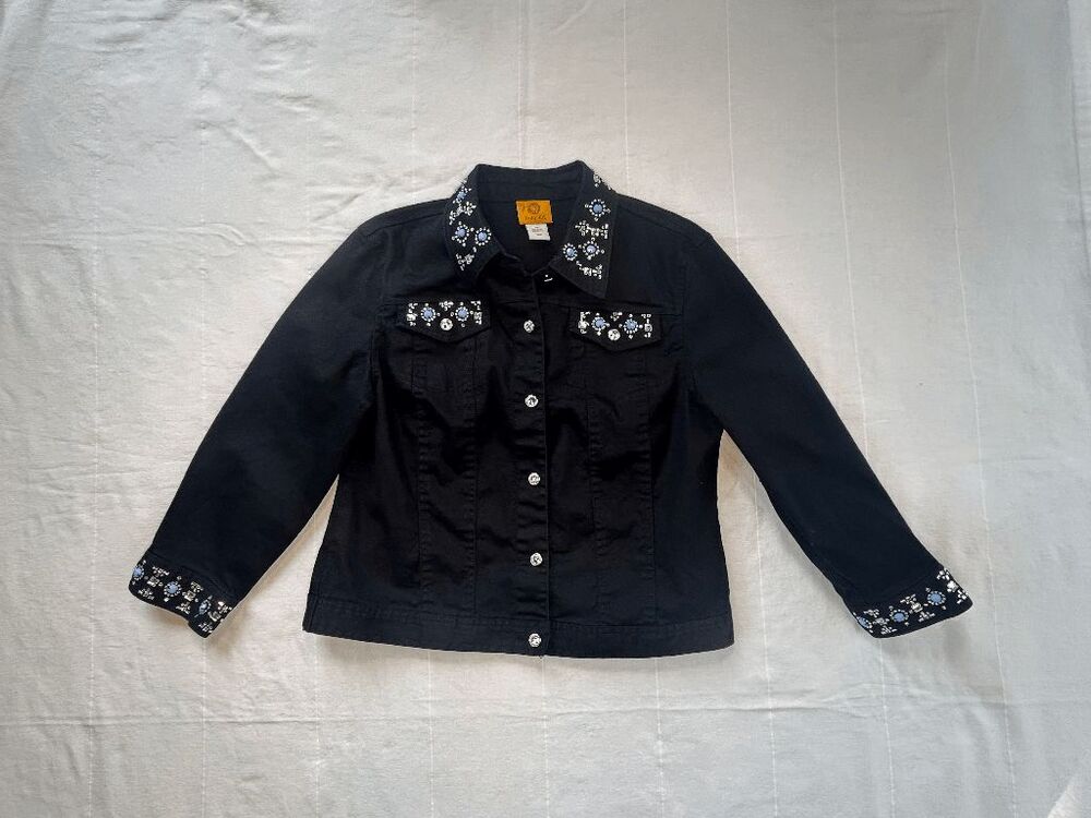 Women's Ruby Rd. Black Stretch Denim Jean Jacket Size 10 Embellished 3/4 Sleeve